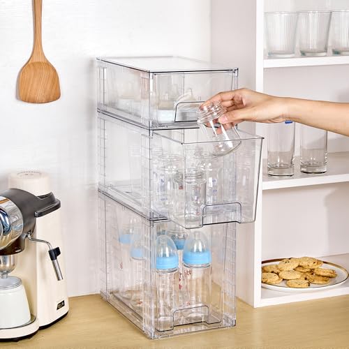 Vtopmart 3 Pack Clear Stackable Storage Drawers,Easy to Assemble Bathroom Organizers and Storage with handles,Plastic Drawers for Kitchen Pantry,Cabinet,Under Sink Organization | Tall, Medium and Small Pull-Out PET Drawers with Stackable Design for Bathro