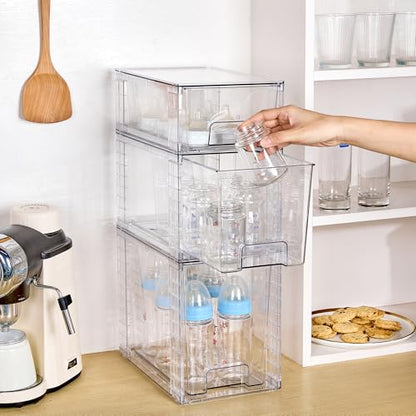 Vtopmart 3 Pack Clear Stackable Storage Drawers,Easy to Assemble Bathroom Organizers and Storage with handles,Plastic Drawers for Kitchen Pantry,Cabinet,Under Sink Organization | Tall, Medium and Small Pull-Out PET Drawers with Stackable Design for Bathro