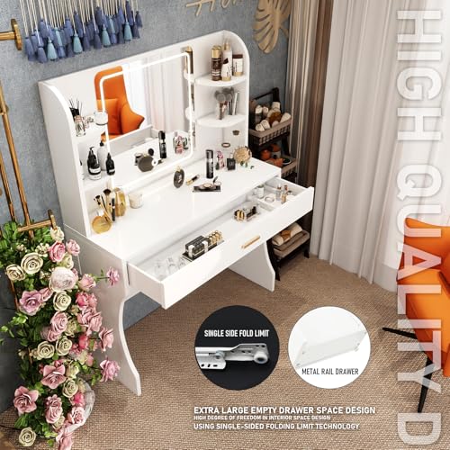 Vanity Desk, Makeup Vanity with Mirror and Lights, White Makeup Vanity Table with Big Drawer, Power Outlet, Stronger Links, for Bedroom, Dressing Room - color: White.