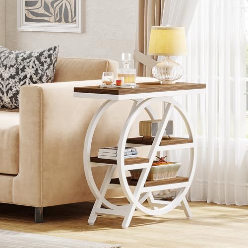 Tribesigns End Table Set of 2, 3-Tier Modern Narrow Side Table with Storage, Wood Sofa Side Table with Geometric Metal Frame, Nightstand and Bedside Table for Bedroom (Light Brown+White) - color: Light Brown&white