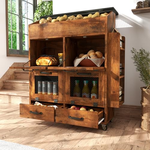 Verano Garden 31.5" Large Potato and Onion Storage Bin on Wheels, Bread Box | Fruit and Vegetable Organizer, Rolling, Side Rack, Flip-top, Mesh Doors, 4-Tier, Grocery Section, Ventilated, Wood, Kitchen - color: Rustic Brown, size: 31.5"