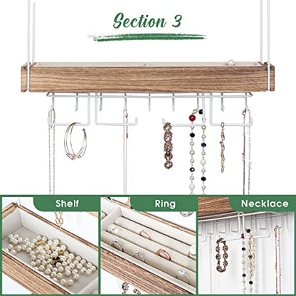 J JACKCUBE DESIGN Wall Mounted 3 Tier Wooden Jewelry Organizer Rack with Accessories Storage Shelf and 18 Metal Earring, Necklace Hooks- MK907A