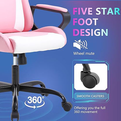 PayLessHere Ergonomic Racing Desk Chair Gaming Chair Computer Chair with Armrests 360° Swivel & Caster Pu Desk Task Chair Executive Headrest Lumbar Support for Back Pain Women Men and Adults,Pink - color: Pink