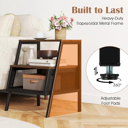 KOMFOTT Industrial Nightstand, 3-Tier End Table with 2 Open Shelves & Metal Mesh Compartment, Bedside Table with Heavy-Duty Metal Frame for Bedroom, Small Spaces, Rustic Brown (1)