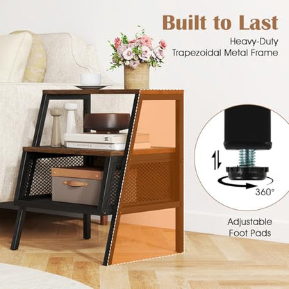 KOMFOTT Industrial Nightstand, 3-Tier End Table with 2 Open Shelves & Metal Mesh Compartment, Bedside Table with Heavy-Duty Metal Frame for Bedroom, Small Spaces, Rustic Brown (1)