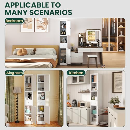 71" Tall Metal Bathroom Cabinet, 12" Slim Freestanding Locker with 2 Door & 1 Drawer, Narrow Storage Cabinet with Adjustable Shelves, for Small Spaces, Bathroom, Living Room, Modern - White