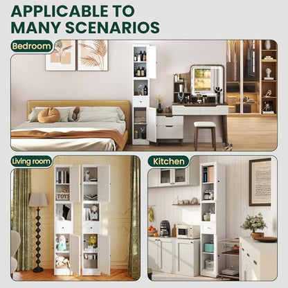 71" Tall Metal Bathroom Cabinet, 12" Slim Freestanding Locker with 2 Door & 1 Drawer, Narrow Storage Cabinet with Adjustable Shelves, for Small Spaces, Bathroom, Living Room, Modern - White