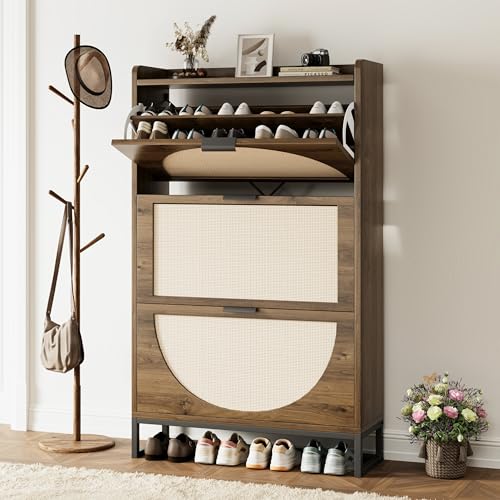 Flip Drawer Shoe Cabinet, Slim Narrow Entryway Storage Furniture with Hidden Flip-Open Organizer, Engineered Wood & Veneer Construction, Hallway Living Room Foyer, 3 Drawer, Oak - color: Oak, size: 3 Drawers