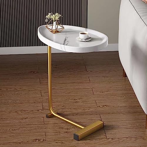 C-Shaped Side Table & End Table for Small Spaces and Living Room, Modern Nightstand Suit for Sofa Couch and Bed, White Oval top with Golden Metal Frame 2PCS 17.72"X11.8"X23.62" - color: White