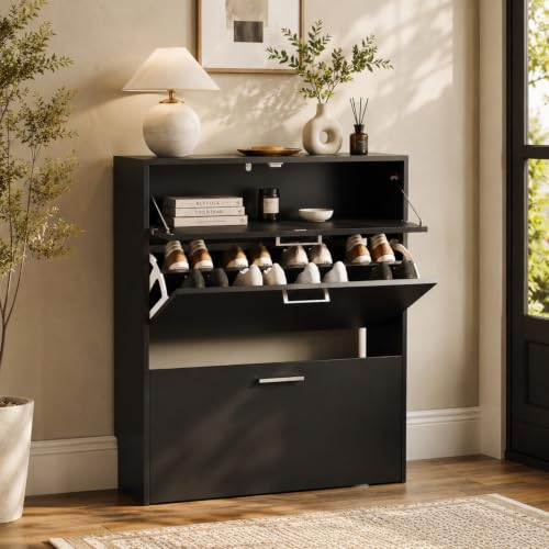 VINGLI Black Shoe Cabinet for Entryway, Modern Slim Shoe Rack Storage with 3 Flip Drawers, Narrow Free Standing Sneaker Organizer for Hallway, 9.5" Depth, Matte Black Finish - color: Black-ⅰ, size: 31.5"W