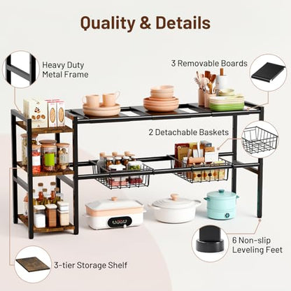 Housolution Expandable Under Sink Cabinet Organizer Rack and Storage Shelf | 24"-37.8" Expandable Length, 3-Tier Side Wooden Shelves, Height Adjustable for Kitchen Bathroom
