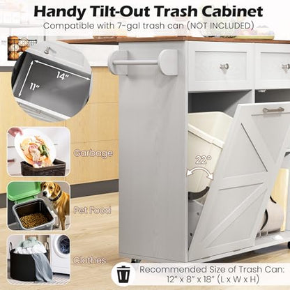 Giantex Kitchen Island Cart with Hidden Tilt Out Trash Can Cabinet, Drop Leaf, 2 Drawers, Towel Rack, Rolling Mobile Breakfast Bar Table, Wood Kitchen Storage Cart on Wheels (Grey & Natural) - color: Grey
