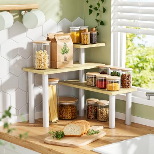 3-Tier Corner Countertop Organizer – Kitchen Counter & Bathroom Vanity Organizer, Coffee Bar Corner Shelf, Spice Rack Stand, L-Shaped Space-Saving Storage, Light, Wood - color: Light