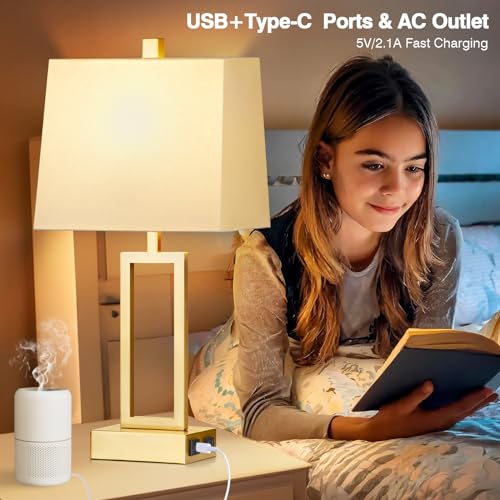 Rinweey 23.5" Touch Control Table Lamps Set of 2, Modern Gold Bedside Lamps with USB A+C Ports & AC Outlet, 3 Way Dimmable Contemporary Nightstand Lamps for Bedroom Living Room(2 LED Bulb Included) - color: Gold