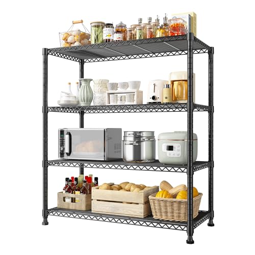 REIBII 35.5"W 4-Tier Wire Shelving, 800 lbs, Adjustable, for kitchen pantry | Heavy-duty steel, Leveling feet+anti-tip, Rust-proof coating, 14"D x 59"H, Tool-free assembly, For garage, kitchen, pantry - size: 4 Tier-14"D x 35.5"W x 59"H
