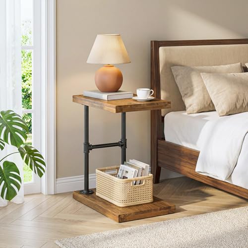 C Shaped Solid Wood Nightstand, Narrow Bedside Table with Shelf for Small Bedroom, Industrial Rustic Bed Side Table for Low Beds, Laptop Desk for Bed, Black Metal Frame (2, Brown)