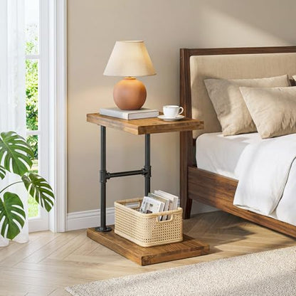 C Shaped Solid Wood Nightstand, Narrow Bedside Table with Shelf for Small Bedroom, Industrial Rustic Bed Side Table for Low Beds, Laptop Desk for Bed, Black Metal Frame (2, Brown)
