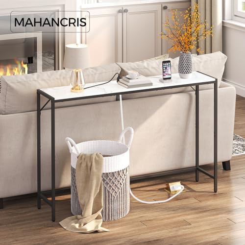 MAHANCRIS Console Table, Narrow Sofa Table Behind Couch, 43.7” Entrance Table with Power Station, Simple Style, for Living Room, Hallway, Entryway, Foyer, Marble and Black CTHM112E01 - color: Marble, Black