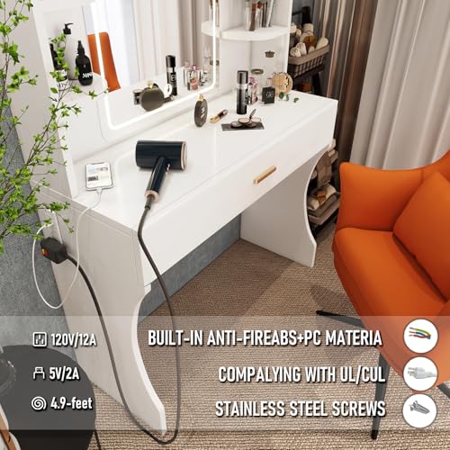 Vanity Desk, Makeup Vanity with Mirror and Lights, White Makeup Vanity Table with Big Drawer, Power Outlet, Stronger Links, for Bedroom, Dressing Room - color: White.