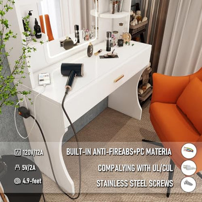 Vanity Desk, Makeup Vanity with Mirror and Lights, White Makeup Vanity Table with Big Drawer, Power Outlet, Stronger Links, for Bedroom, Dressing Room - color: White.