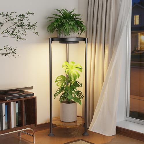 iDavosic.ly 2 Tier Plant Stand Indoor with Grow Light, 30 Inch Tall Vertical Corner Metal Flower Heavy Duty Pot Holder Shelf, Modern Black & Rustic Brown - Round - color: Black with Light, size: 2 Tiers