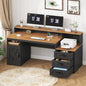 65" Farmhouse Computer Desk with Drawers and Printer Stand for Home Office | Office Desk with Power Outlets and Storage Cabinet, Study Writing Desks with Long Monitor Stand, Brown and Black - color: Brown and Black