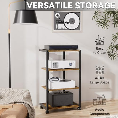 Aquzee AV Media Stand with Wheels, 4-Tier Game Console Shelf, Rolling Media Cart for Small Space, Stereo Racks and Stands, Ideal for Record Player, Game Console, DVD Player, and Projector, Wood