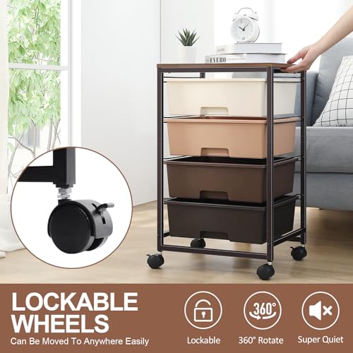 SYKIARIOL Utility Cart with 4 Drawers, Brown | Rolling Storage Cart with Drawers, Storage Rolling Drawer Cart - color: Dark Brown