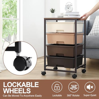 SYKIARIOL Utility Cart with 4 Drawers, Brown | Rolling Storage Cart with Drawers, Storage Rolling Drawer Cart - color: Dark Brown