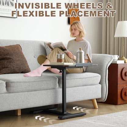 Solid Wood C-Shaped Side Table,360° Rotating TV Tray Table,Height-Adjustable,Sliding Sofa Table,Rolling Laptop Desk for Living Room and Bedroom Use with Sofa,Bed,Chair-Deep Walnut - color: Deep Walnut