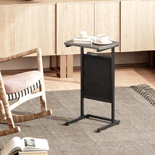 HOOBRO C Shaped End Table, 28.3" Side Table for Small Spaces, Couch Table, Slide Under Sofa Tray Table, Storage Bag, for Living Room, Bedroom, Greige and Black BG40SF01 - color: Greige + Black