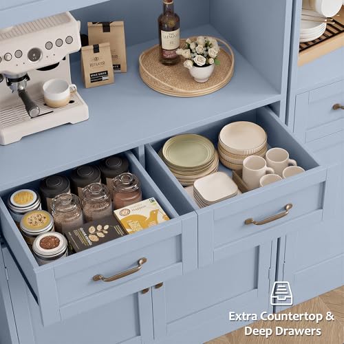 HOSTACK 71" Tall Kitchen Pantry Storage Cabinet, Modern Kitchen Hutch Bar Cabinet with Microwave Stand, Wood Buffet Sideboard with Hutch, Cupboard with Drawers, Shelves for Dining Room, Light Blue - color: Light Blue + Bronze Handles
