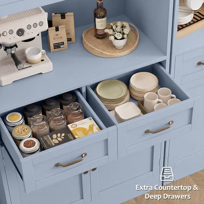 HOSTACK 71" Tall Kitchen Pantry Storage Cabinet, Modern Kitchen Hutch Bar Cabinet with Microwave Stand, Wood Buffet Sideboard with Hutch, Cupboard with Drawers, Shelves for Dining Room, Light Blue - color: Light Blue + Bronze Handles