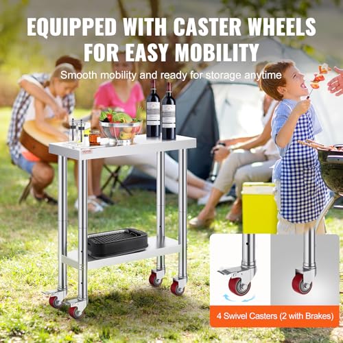 VEVOR Stainless Steel Work Table 30 x 12 x 34 Inch, 700 LBS Load Capacity with 4 Wheels, 3 Adjustable Height Levels, Heavy Duty Food Prep Worktable for Commercial Kitchen Restaurant, Silver - size: 30*12*34In, style: With Caster