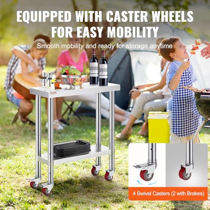VEVOR Stainless Steel Work Table 30 x 12 x 34 Inch, 700 LBS Load Capacity with 4 Wheels, 3 Adjustable Height Levels, Heavy Duty Food Prep Worktable for Commercial Kitchen Restaurant, Silver - size: 30*12*34In, style: With Caster
