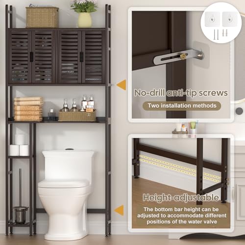 Cozivolife Over The Toilet Storage: Space Saver Bathroom Organizer Shelf | Bamboo Freestanding Storage Cabinet Over Toilet with Paper Holder Stand - No-Drill Installation and Waterproof Feet Pad