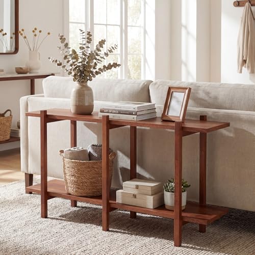GOFLAME 2-Tier Wood Bookshelf, Mid-Century Modern Console Table with Storage Shelf, Solid Rubber Wood Legs, Horizontal Display Shelving Rack, Wooden Sofa Table for Living Room, Entryway, Walnut
