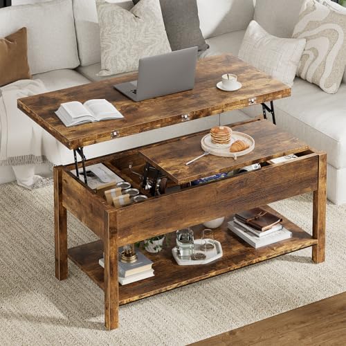 FABATO Lift Top Coffee Table, 4-in-1 Multi-Function Tea Table with Hidden Storage, Coffee Table Converts to Dinning Table, Center Table with Wooden Lift-Top, Small Space for Living Room, Brown - color: Brown, size: 40.9in