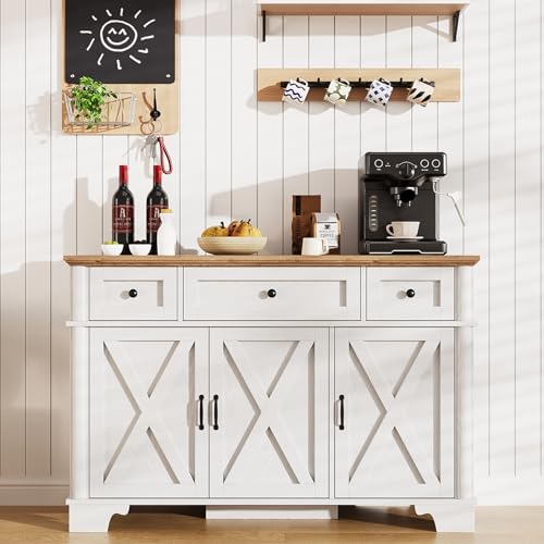 BestHaped Farmhouse Buffet Cabinet with Storage, White Sideboard Buffet Cabinet with Adjustable Shelves & 3 Drawers, Buffet Table Coffee Bar Wine Bar Storage for Kitchen & Living Room, 47inch - color: White, size: 47 inch