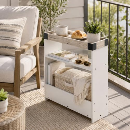 Farmhouse Narrow Side Table with Tray Top & Magazine Rack, Oak & White Sofa Couch Side Table with Storage Shelf, 24" Slim End Table for Small Spaces, Modern Nightstand for Bedroom, Living Room - color: White & Oak