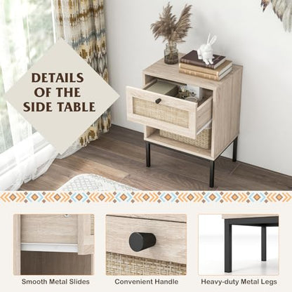 Giantex Rattan Nightstand with Drawer, Boho Side Table with 4 Metal Legs and Open Storage Shelf, Farmhouse Wood Night Stand for Small Spaces, 2 Tier Bedside Table for Bedroom Office, Oak - color: Oak