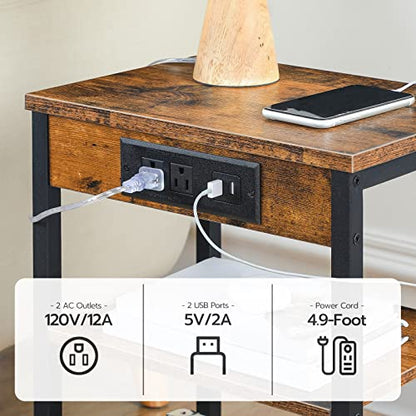 HOOBRO Side Tables Set of 2 with Charging Station and USB Port, Small End Tables for Small Space, 3-Tier Nightstands with Adjustable Shelf, for Living Room, Bedroom, Rustic Brown BF112BZP201 - color: Rustic Brown + Black