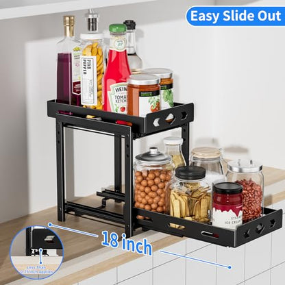 Pull Out Spice Racks for Inside Cabinets, 2 - Tier Cabinet Spice Rack Organizer, Height Adjustable Vertical Spice Rack for Cabinet, Kitchen, Pantry, Cupboard (7.5''Wx10.8''Dx9.2''H, Metal Black) - size: 7.5''Wx10.8''Dx9.2''H,2 Tier