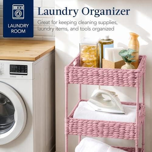 Best Choice Products 3-Tier Water Hyacinth Rolling Nursery Caddy w/Wheels, Utility Cart, Storage Organization for Bathroom, Craft Room, Laundry Room - Pink - color: Pink