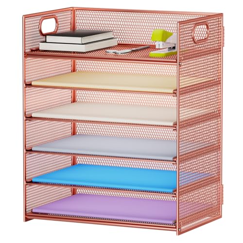 Marbrasse 6 Tier Paper Organizer Letter Tray - Mesh Desk File Organizer with Handle, Paper Sorter Organizer for Letter/A4 Office File Folder Holder - Rose Gold - color: Rose Gold
