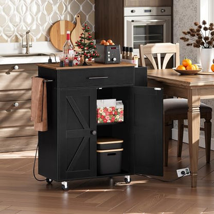 HOOBRO Kitchen Island with Power Outlet, Rolling Kitchen Island with Large Worktop, Kitchen Island Cart with Spice Rack and Drawer, Island Table for Dining Room, Rustic Brown and Black BF88UZD01 - color: Rustic Brown + Black