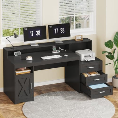 65" Farmhouse Computer Desk with Drawers and Printer Stand for Home Office | Office Desk with Power Outlets and Storage Cabinet, Study Writing Desks with Long Monitor Stand, Black - color: Black