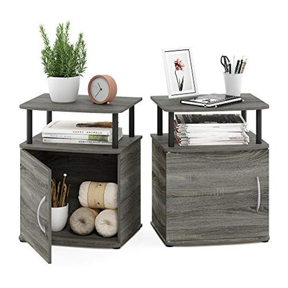 Furinno JAYA End Side Sofa Table/Nightstand with Door, 2-Pack, PVC Tubes, French Oak Grey/Black - color: French Oak/Black, size: 2-Pack