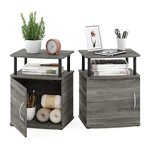 Furinno JAYA End Side Sofa Table/Nightstand with Door, 2-Pack, PVC Tubes, French Oak Grey/Black - color: French Oak/Black, size: 2-Pack
