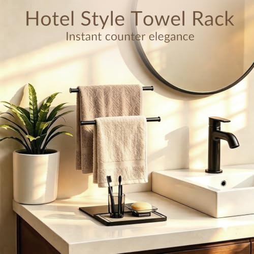 NADAMOO Standing Towel Rack for Bathroom, Adjustable Hand Towel Holder | 13.8"-24" Height, Diatomite Tray, Wide Weighted Base, 2 Bars with 4" Gap for Airflow, Rustproof Black Metal, No Drill